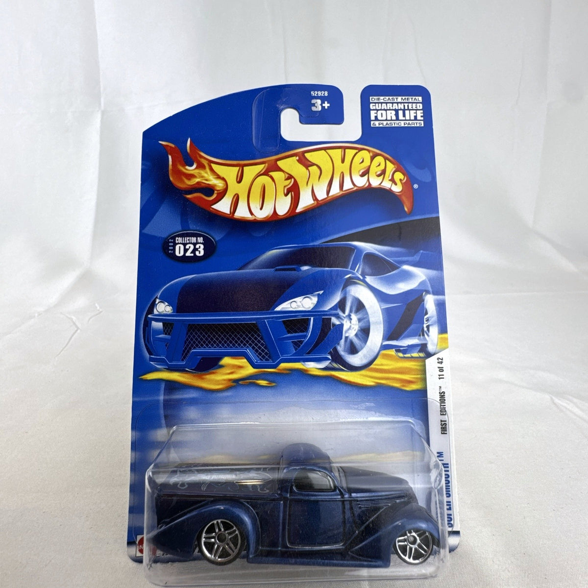 Hot Wheels 2002 First Editions Super Smooth custom blue pickup truck in original sealed packaging.