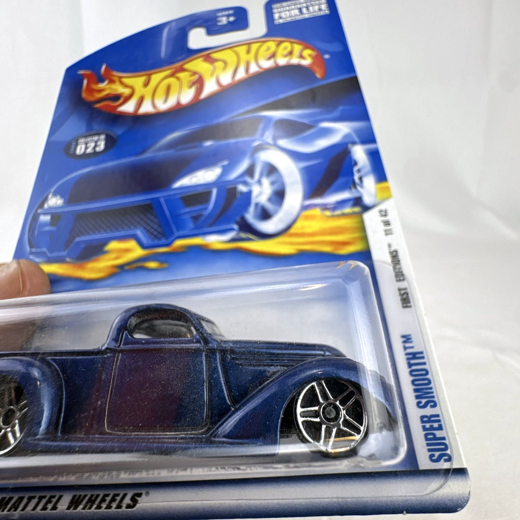 Hot Wheels 2002 First Editions Super Smooth custom blue pickup truck in original sealed packaging.