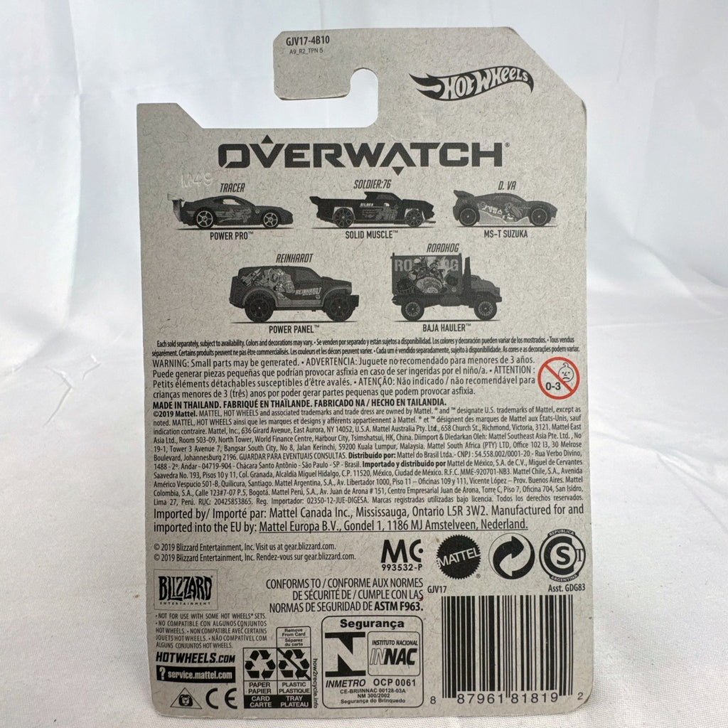 Hot Wheels 1:64 scale Solid Muscle diecast car featuring Blizzard Overwatch hero Soldier: 76 artwork in factory sealed card.