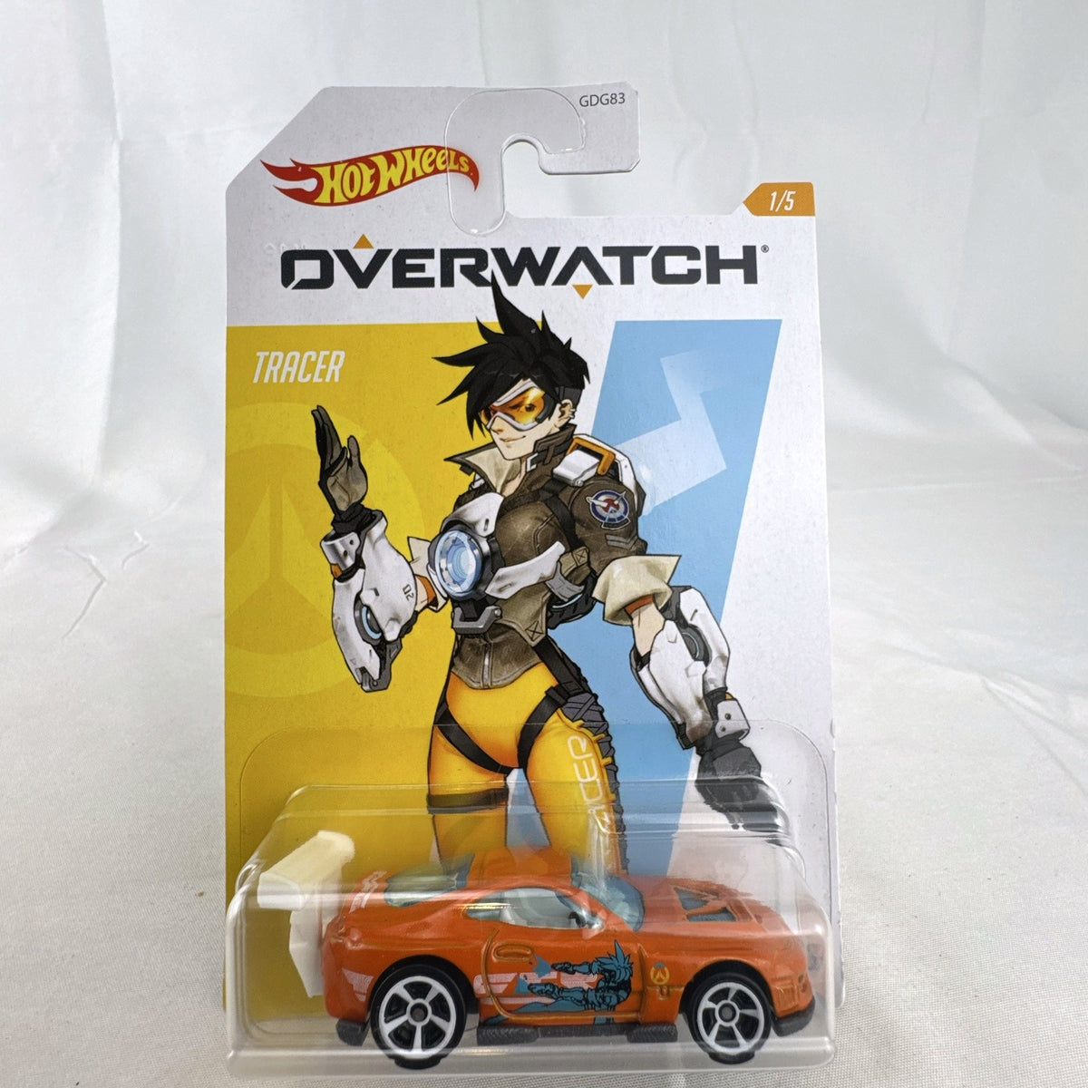Hot Wheels 1:64 scale diecast Power Pro car featuring Overwatch Tracer graphics in original blister package
