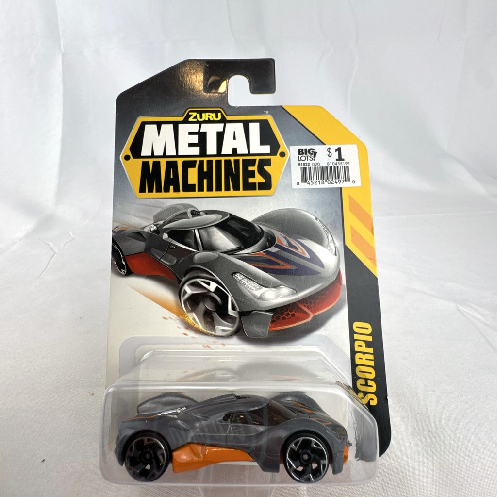Zuru Metal Machines Scorpio 1:64 scale diecast car in factory sealed packaging, featuring dark gray and orange styling.