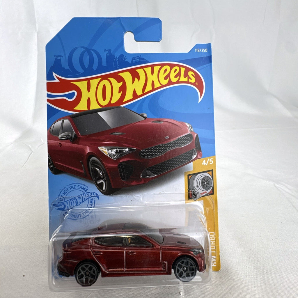 Hot Wheels 1:64 scale 2019 Kia Stinger GT diecast car in metallic red on original unopened card