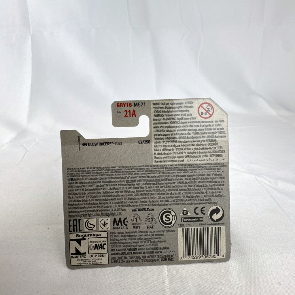 Hot Wheels 1:64 Lindster Prototype diecast car sealed on card in HW Glow Racers glow-in-the-dark white finish.