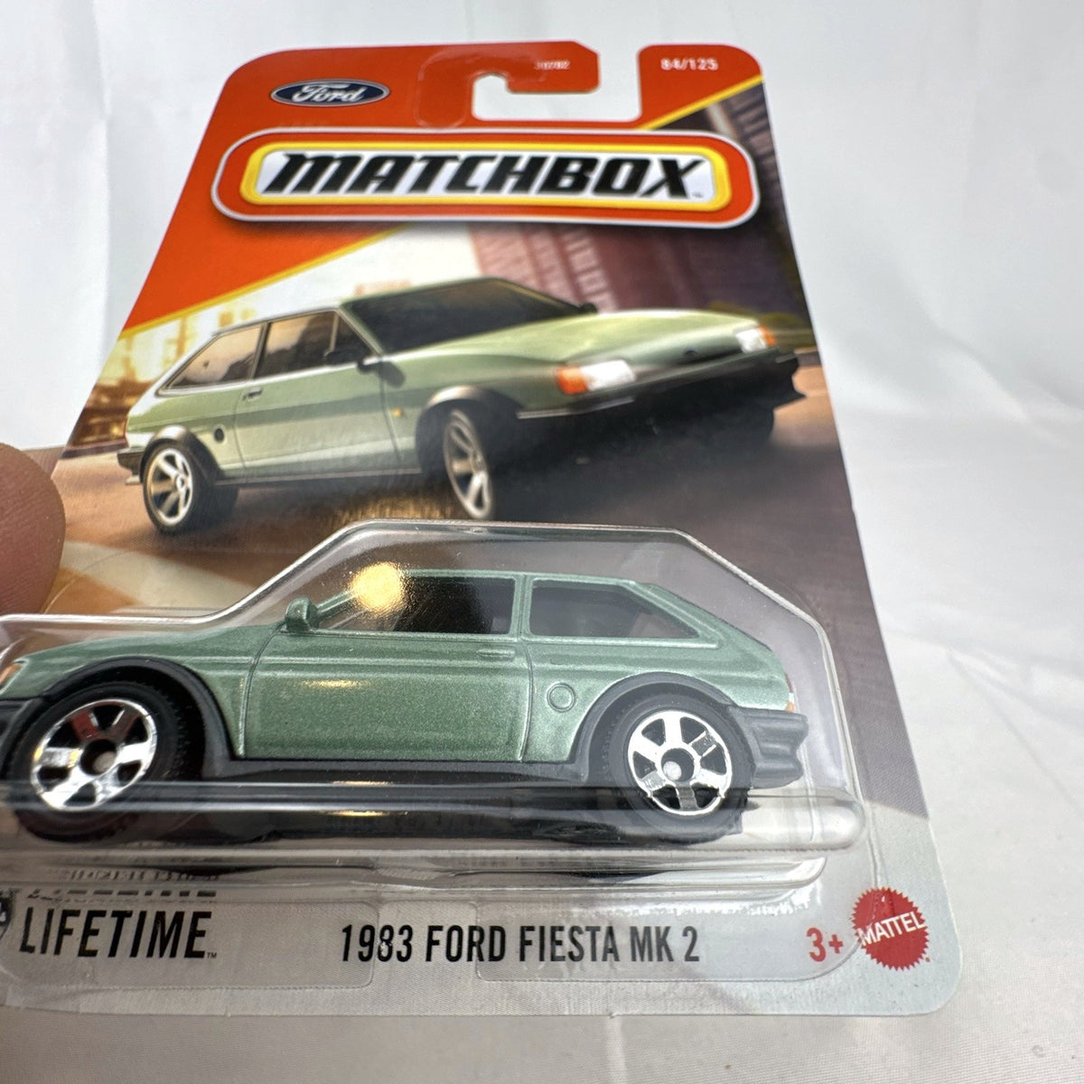Matchbox 1:64 scale 1983 Ford Fiesta MK 2 diecast car in metallic green factory sealed on card.