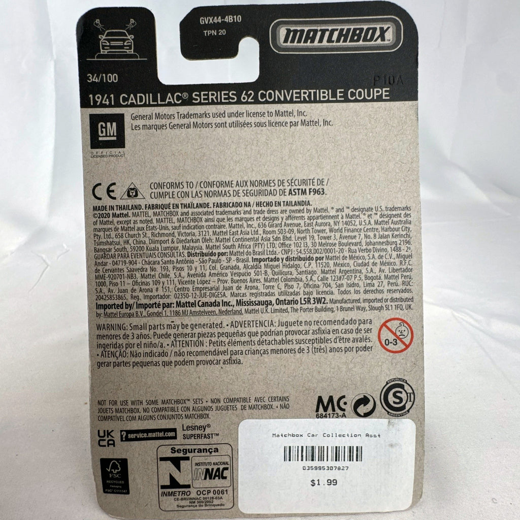 Matchbox 1:64 scale 1941 Cadillac Series 62 Convertible Coupe in yellow, sealed on original card package.