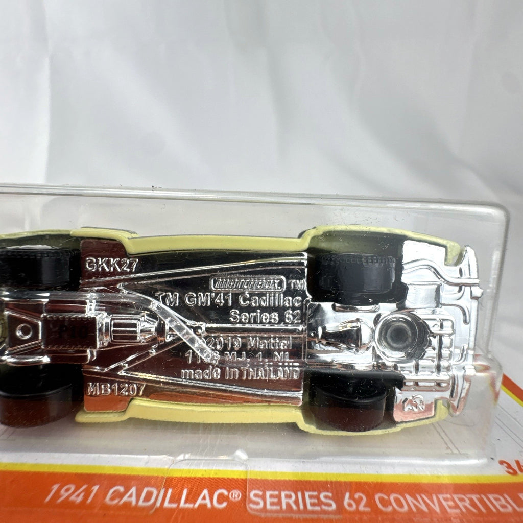 Matchbox 1:64 scale 1941 Cadillac Series 62 Convertible Coupe in yellow, sealed on original card package.