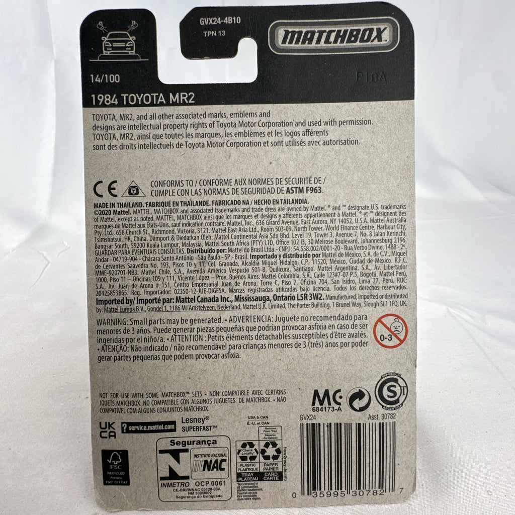 Matchbox 1984 Toyota MR2 1:64 scale white diecast car in original blister card packaging.