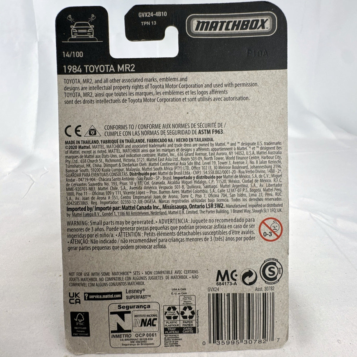 Matchbox 1984 Toyota MR2 1:64 scale white diecast car in original blister card packaging.