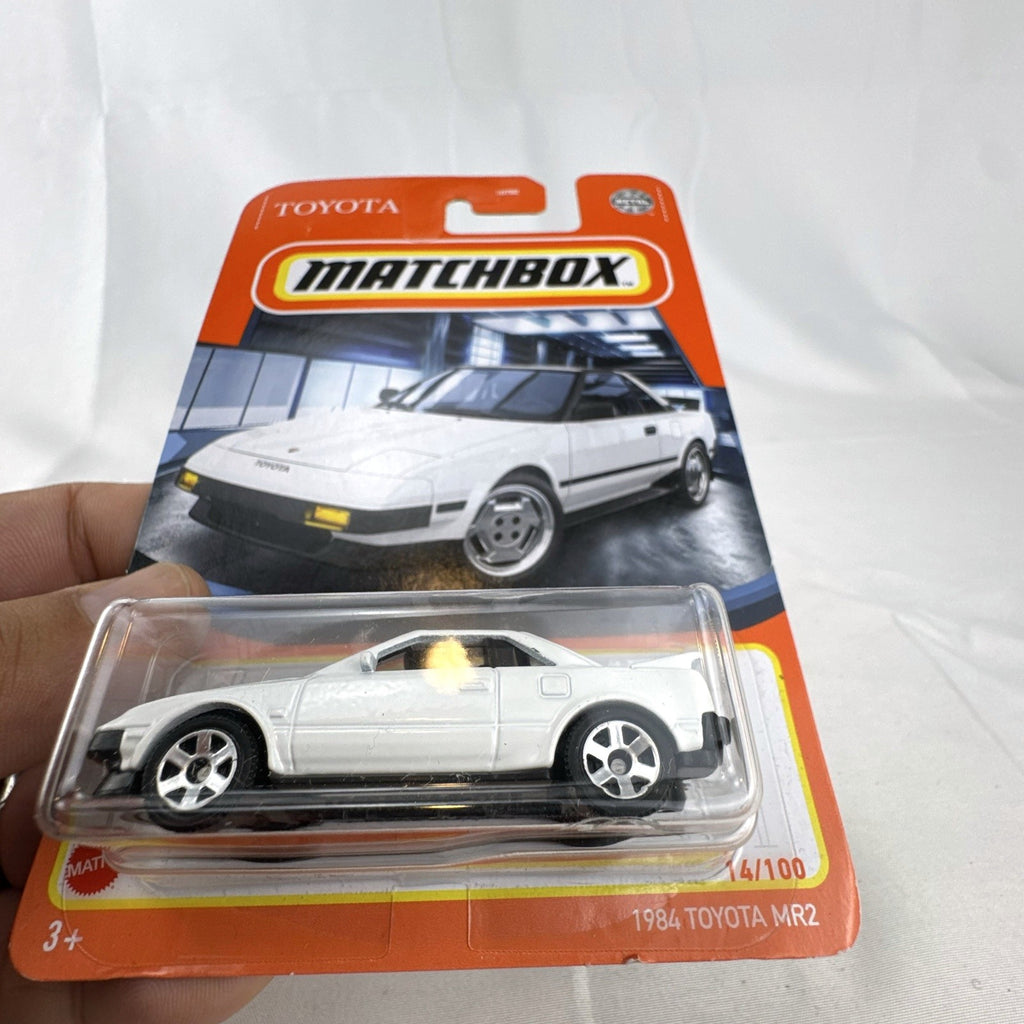 Matchbox 1984 Toyota MR2 1:64 scale white diecast car in original blister card packaging.