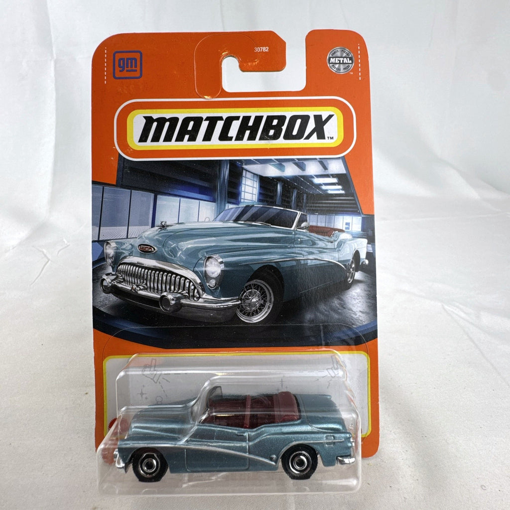 Matchbox 1:64 scale 1953 Buick Skylark Convertible in light metallic blue factory sealed on card.