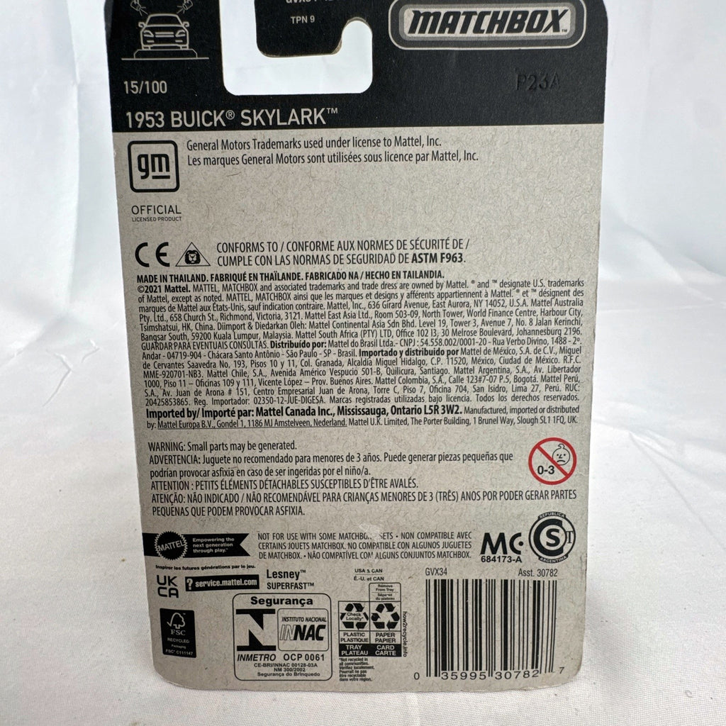 Matchbox 1:64 scale 1953 Buick Skylark Convertible in light metallic blue factory sealed on card.