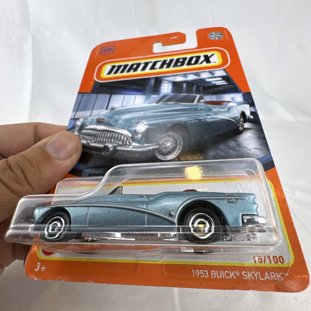 Matchbox 1:64 scale 1953 Buick Skylark Convertible in light metallic blue factory sealed on card.