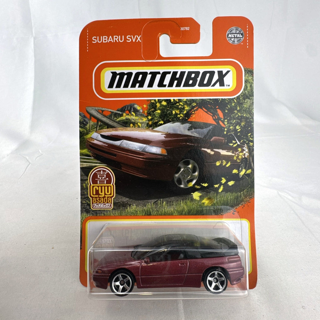 Matchbox 1:64 Subaru SVX diecast model car in metallic maroon designed by Ryu Asada