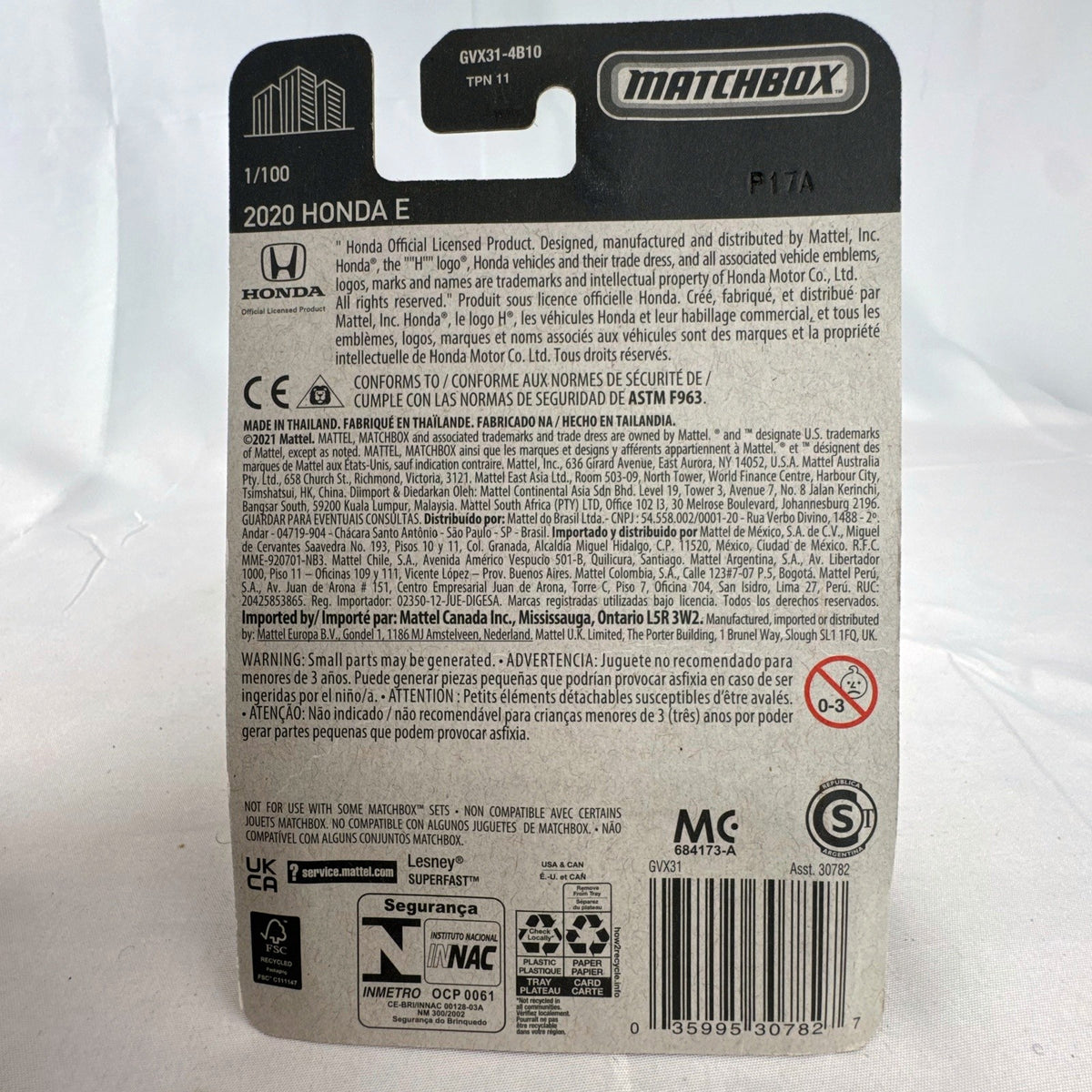 Matchbox 1:64 scale 2020 Honda e diecast hatchback in gloss white, factory sealed on original blister card.