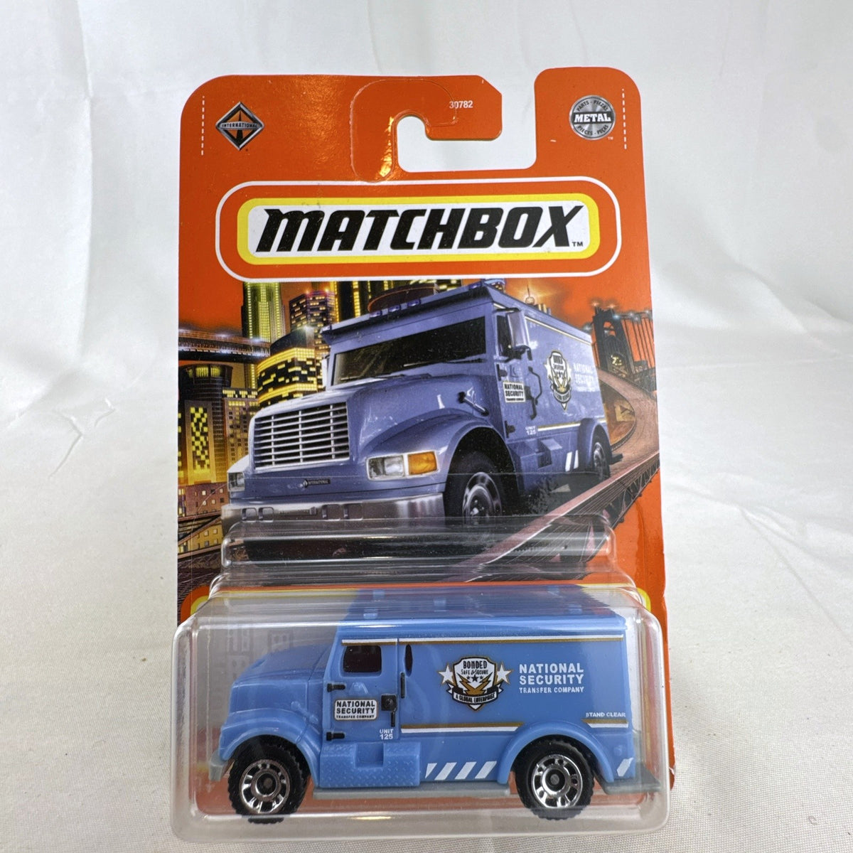 Matchbox 1:81 International Armored Car diecast in light blue National Security livery sealed on card