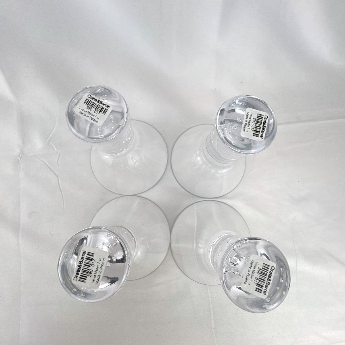 Crate and Barrel Krosno Verve stemless martini glasses set of 4 clear glass bubble base