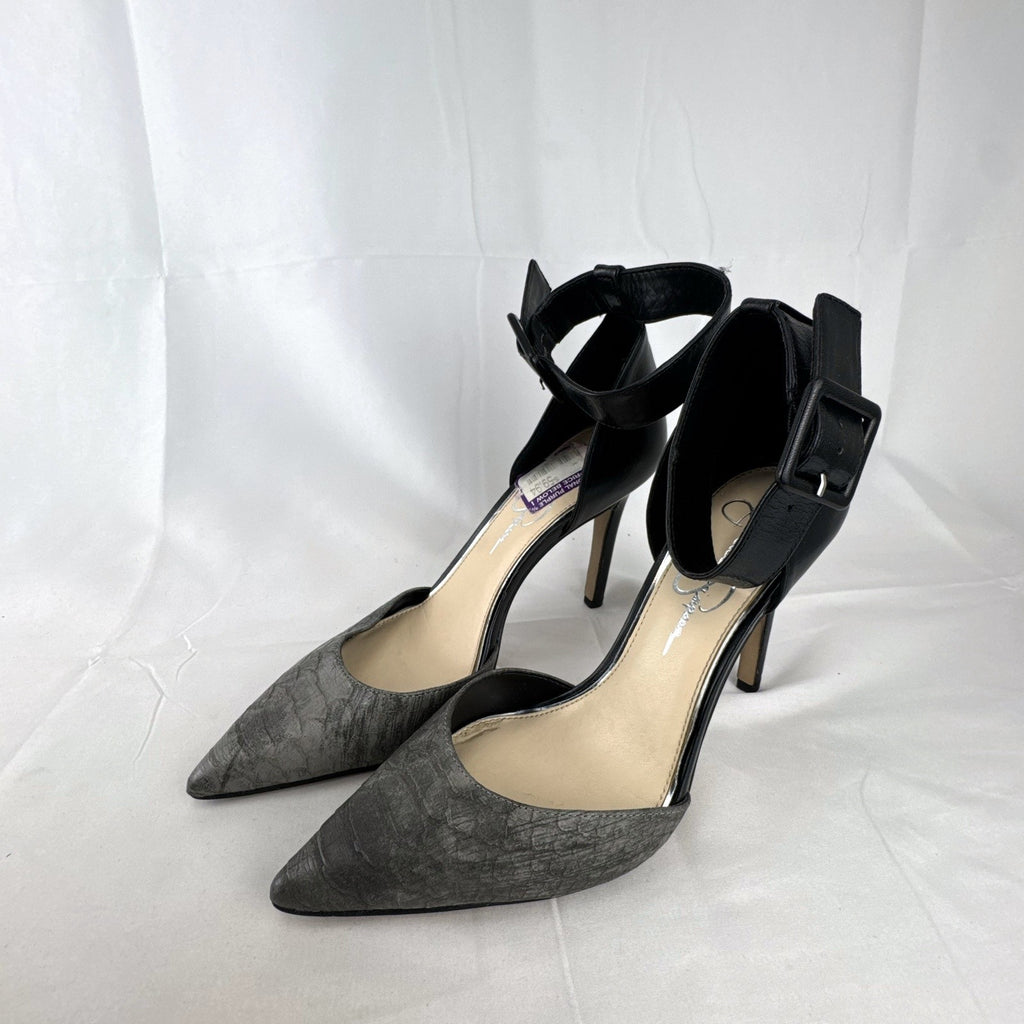 Jessica Simpson gray snake print d'Orsay pumps with black ankle straps, size 8.
