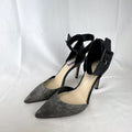 Jessica Simpson gray snake print d'Orsay pumps with black ankle straps, size 8.