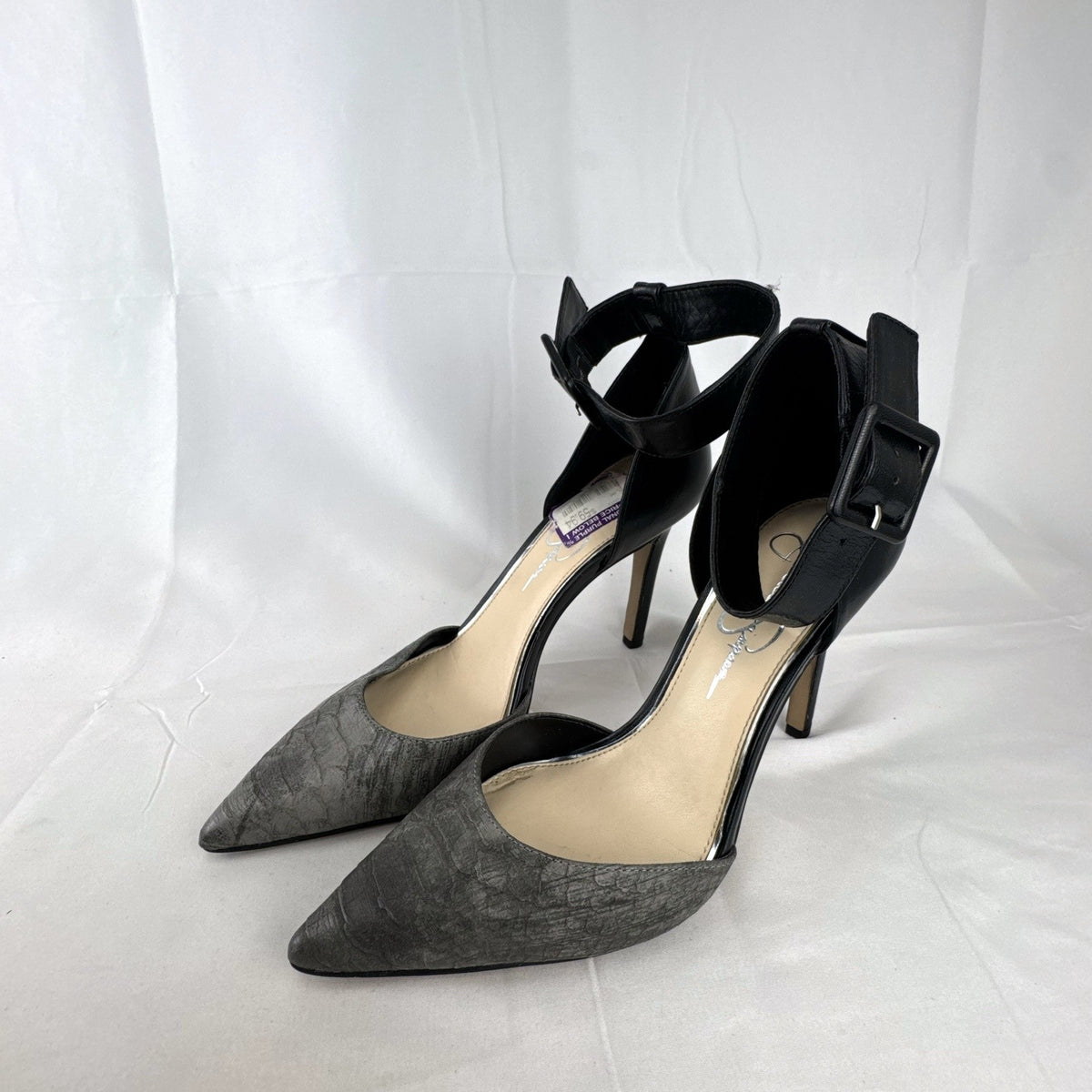 Jessica Simpson gray snake print d'Orsay pumps with black ankle straps, size 8.