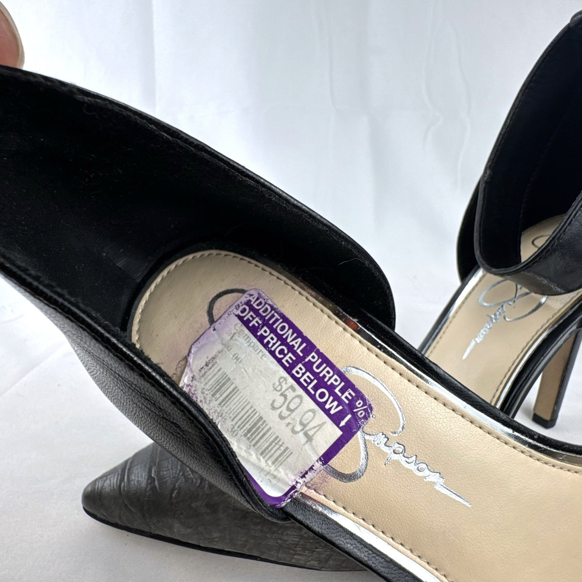 Jessica Simpson gray snake print d'Orsay pumps with black ankle straps, size 8.