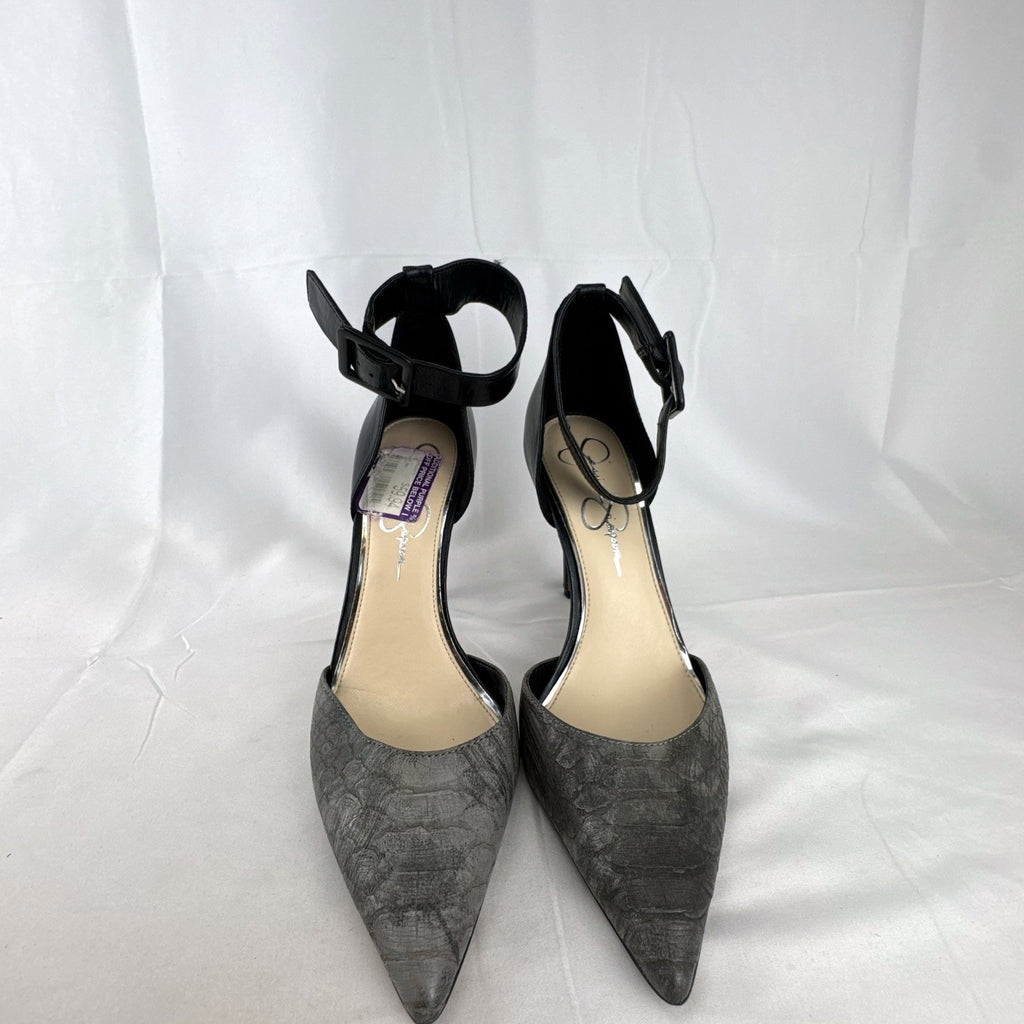 Jessica Simpson gray snake print d'Orsay pumps with black ankle straps, size 8.
