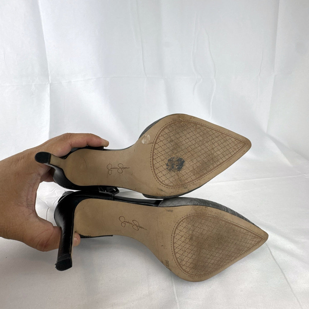Jessica Simpson gray snake print d'Orsay pumps with black ankle straps, size 8.