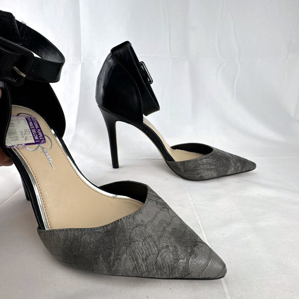 Jessica Simpson gray snake print d'Orsay pumps with black ankle straps, size 8.