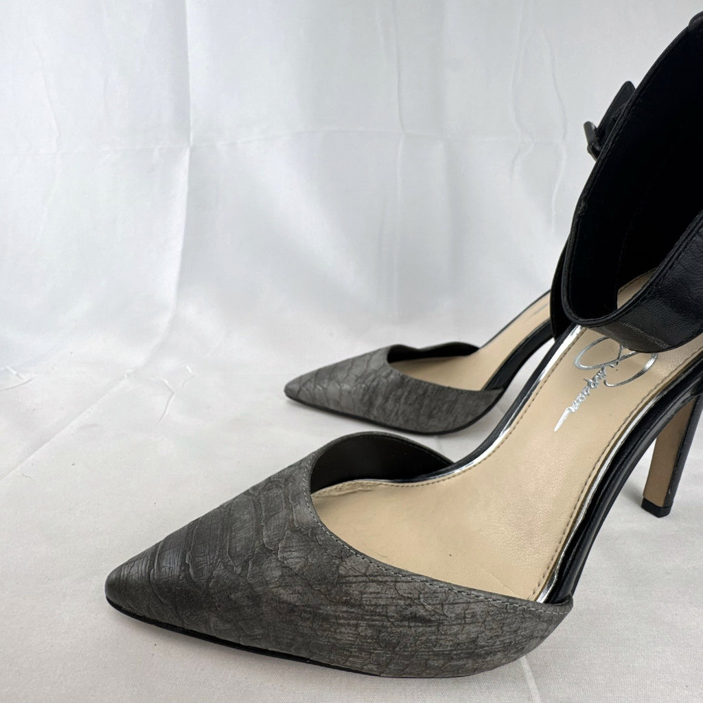 Jessica Simpson gray snake print d'Orsay pumps with black ankle straps, size 8.
