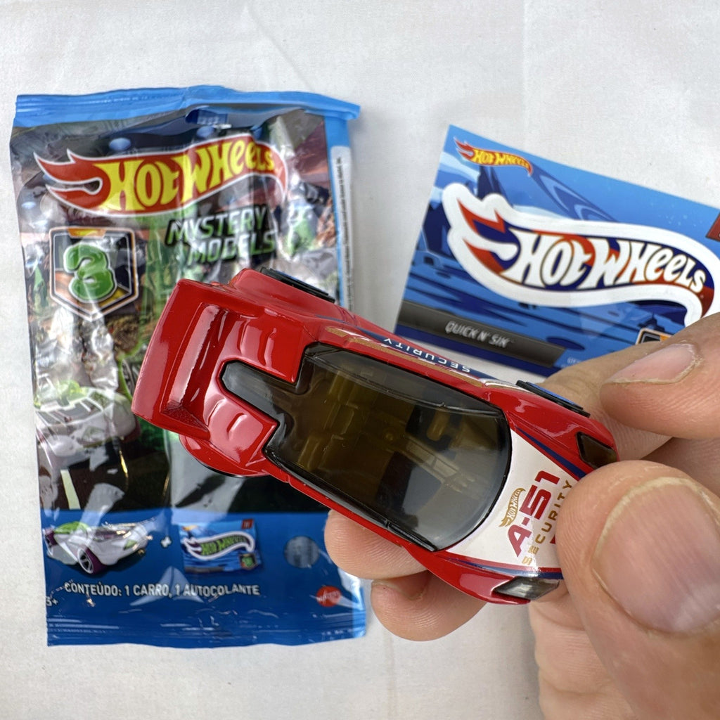Hot Wheels 1:64 Quick N' Sik diecast car in red with A-51 Security livery from Mystery Models Series 3