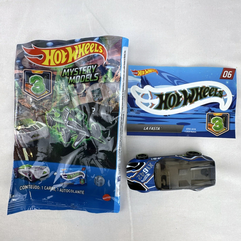Hot Wheels La Fasta 1:64 diecast car in blue with A-51 Investigator graphics from Mystery Models Series 3 with sticker sheet