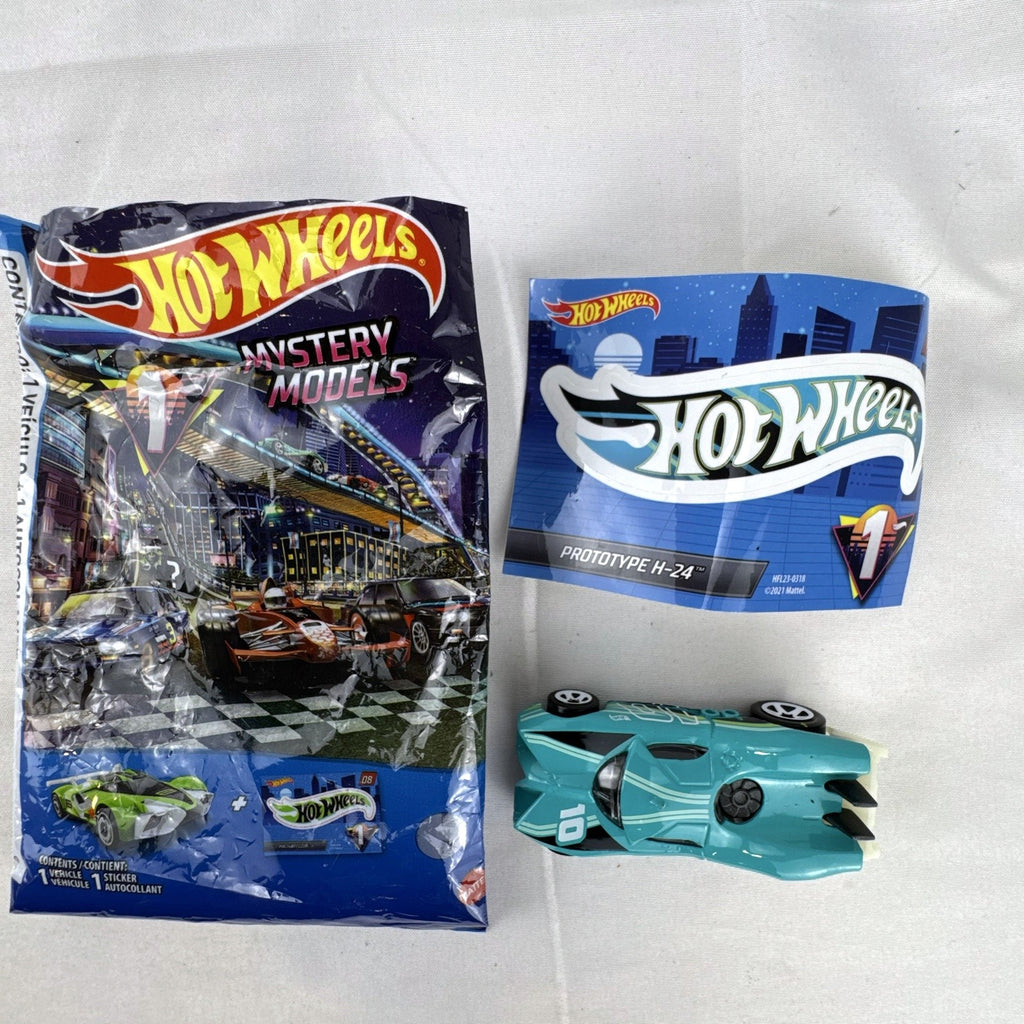 Teal Hot Wheels Prototype H-24 diecast 1:64 scale car with number 10 racing graphics and white 5-spoke wheels.