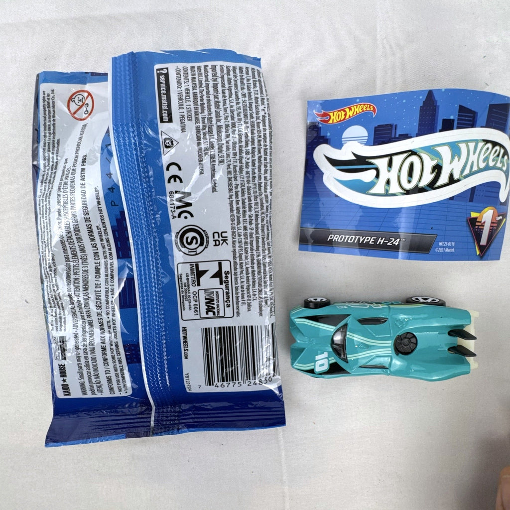 Teal Hot Wheels Prototype H-24 diecast 1:64 scale car with number 10 racing graphics and white 5-spoke wheels.