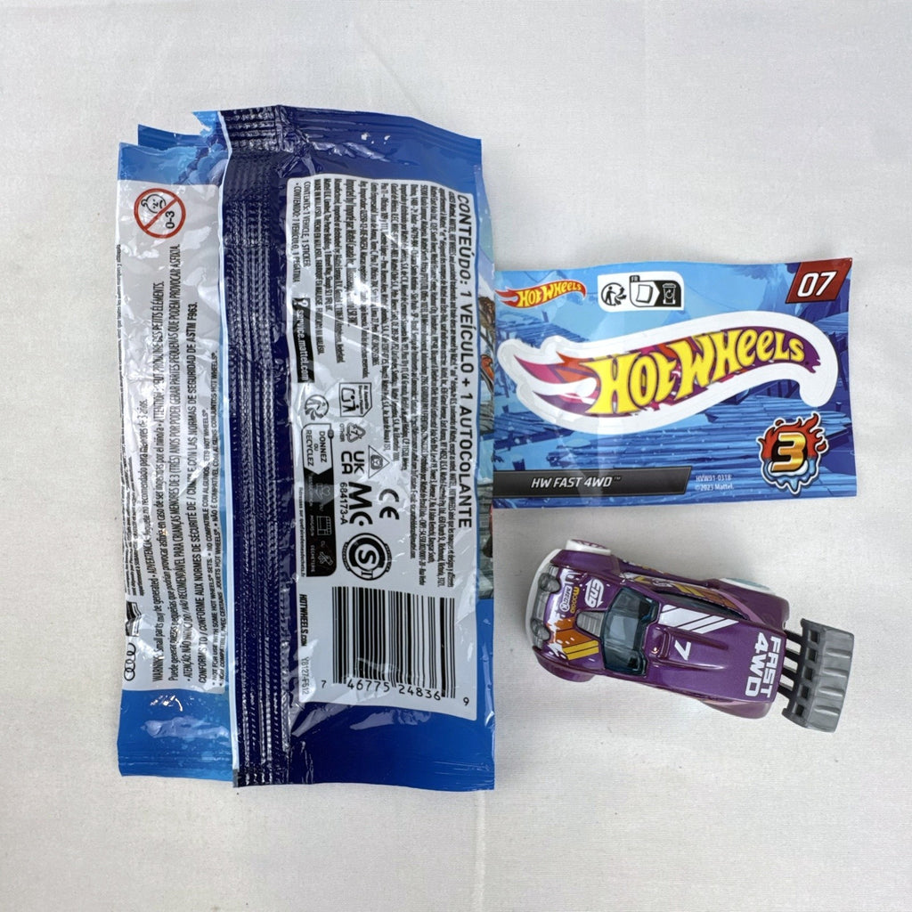 Hot Wheels 1:64 scale Fast 4WD diecast car in metallic purple from Mystery Models Series 3 with original packaging