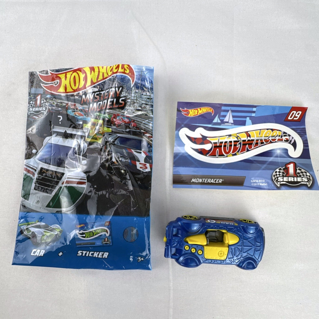 Blue 1:64 scale Hot Wheels Monteracer #09 Mystery Models diecast car with red and yellow graphics.