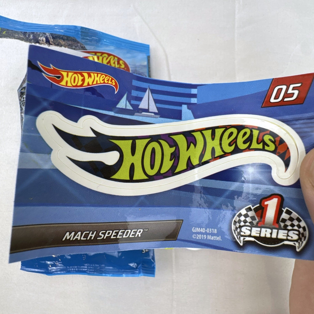 White Hot Wheels Mach Speeder diecast car Mystery Models #05 with purple graphics and lime green accents