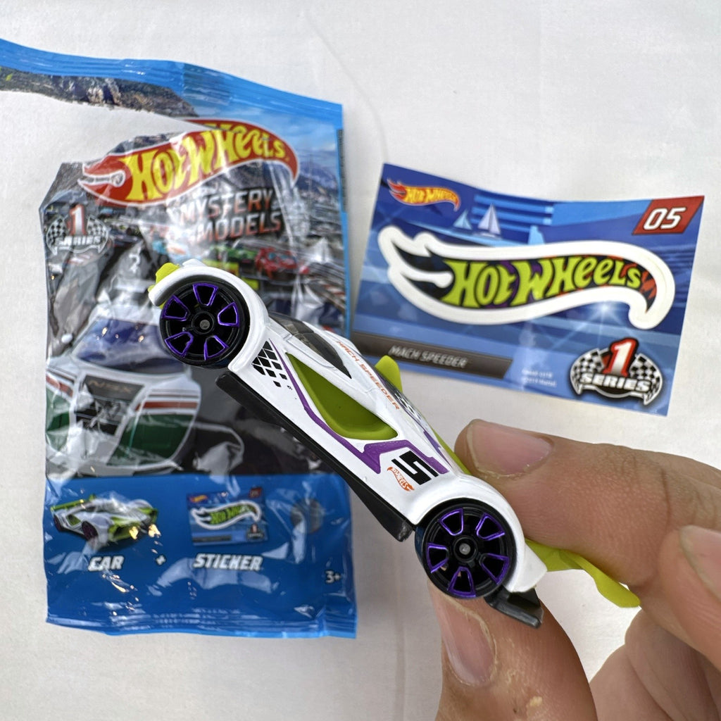 White Hot Wheels Mach Speeder diecast car Mystery Models #05 with purple graphics and lime green accents