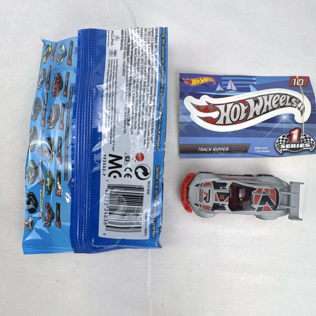 Hot Wheels Track Ripper 1:64 scale diecast car in silver with red racing graphics and matching #10 sticker.