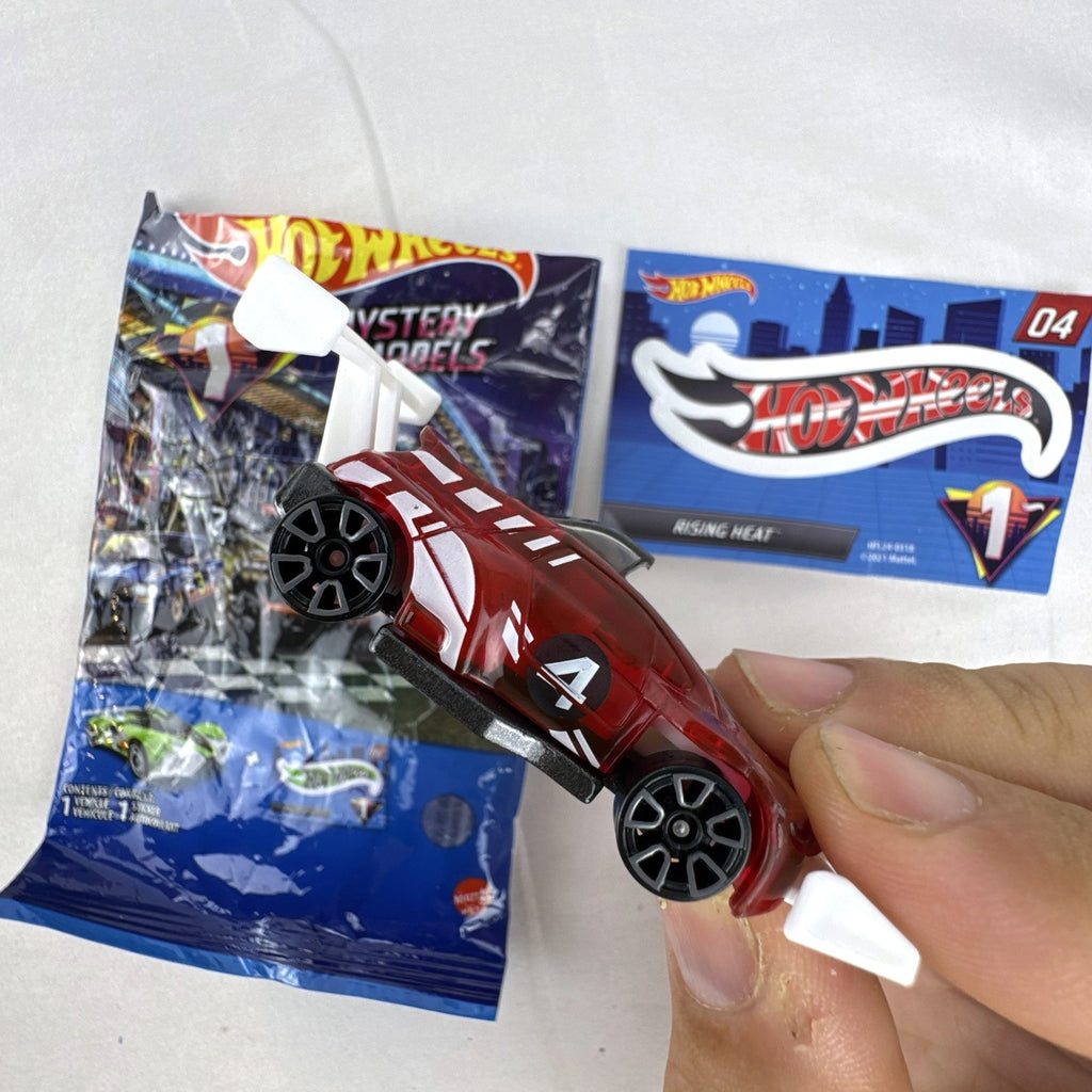 Hot Wheels 1:64 scale Rising Heat mystery model diecast car in translucent red with white number 4 racing graphics.