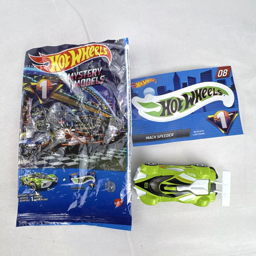 Hot Wheels 2021 Mystery Models Series 1 Mach Speeder #08 diecast car in bright lime green with matching sticker card.