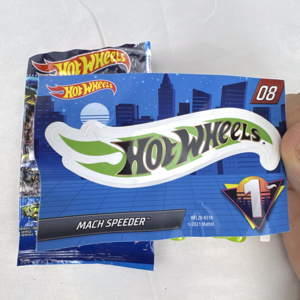 Hot Wheels 2021 Mystery Models Series 1 Mach Speeder #08 diecast car in bright lime green with matching sticker card.
