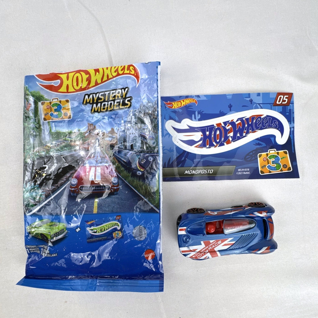 Hot Wheels Monoposto Mystery Models Series 3 #05 blue diecast car with Union Jack livery, original bag, and sticker card.