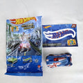 Hot Wheels Monoposto Mystery Models Series 3 #05 blue diecast car with Union Jack livery, original bag, and sticker card.