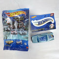 Hot Wheels Fish'd & Chip'd 1:64 scale diecast car in light blue with Union Jack roof graphic and bonus sticker.