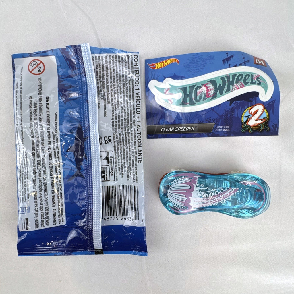 Hot Wheels Clear Speeder translucent blue diecast car Series 2 Mystery Model 04 with sticker sheet and packaging