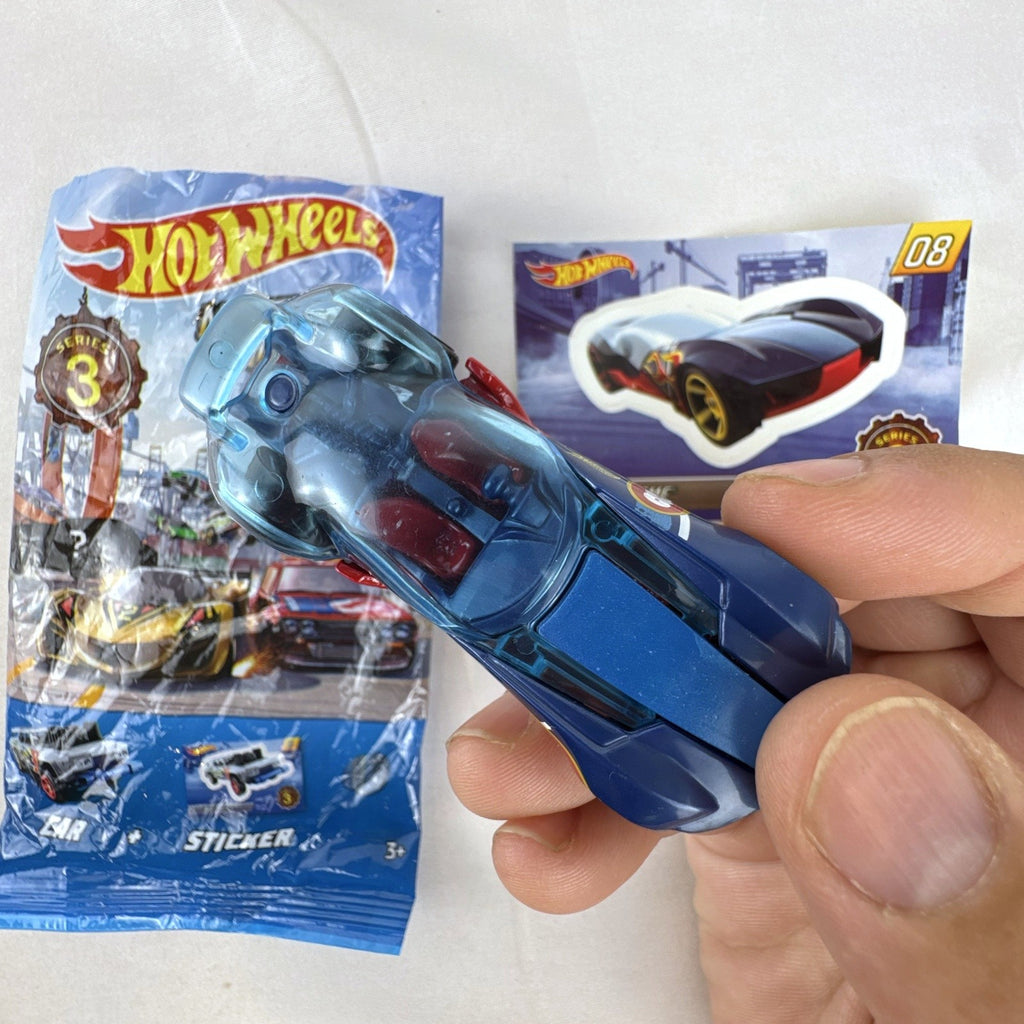 Hot Wheels Sky Dome 1:64 scale diecast car in dark blue with original Mystery Models Series 3 sticker card and bag.