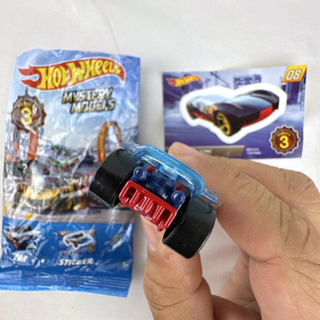 Hot Wheels Sky Dome 1:64 scale diecast car in dark blue with original Mystery Models Series 3 sticker card and bag.