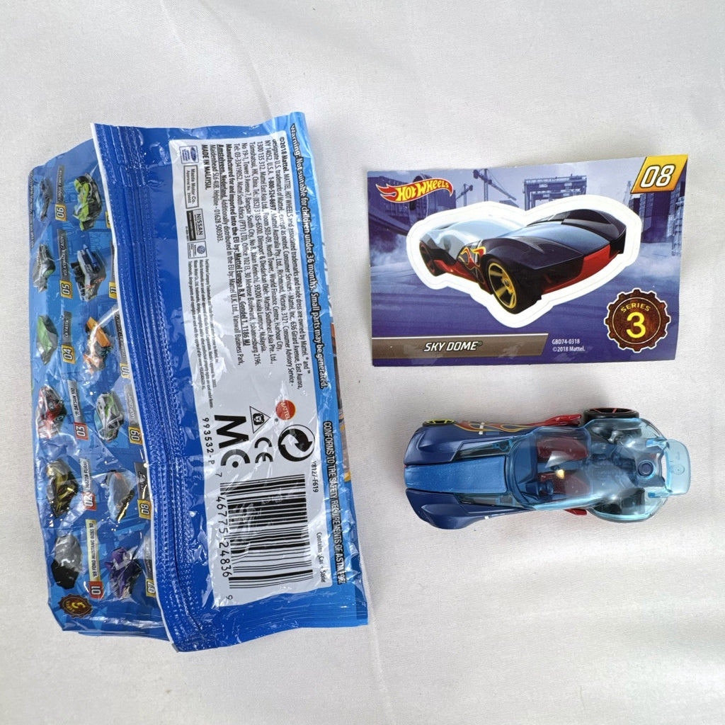 Hot Wheels Sky Dome 1:64 scale diecast car in dark blue with original Mystery Models Series 3 sticker card and bag.