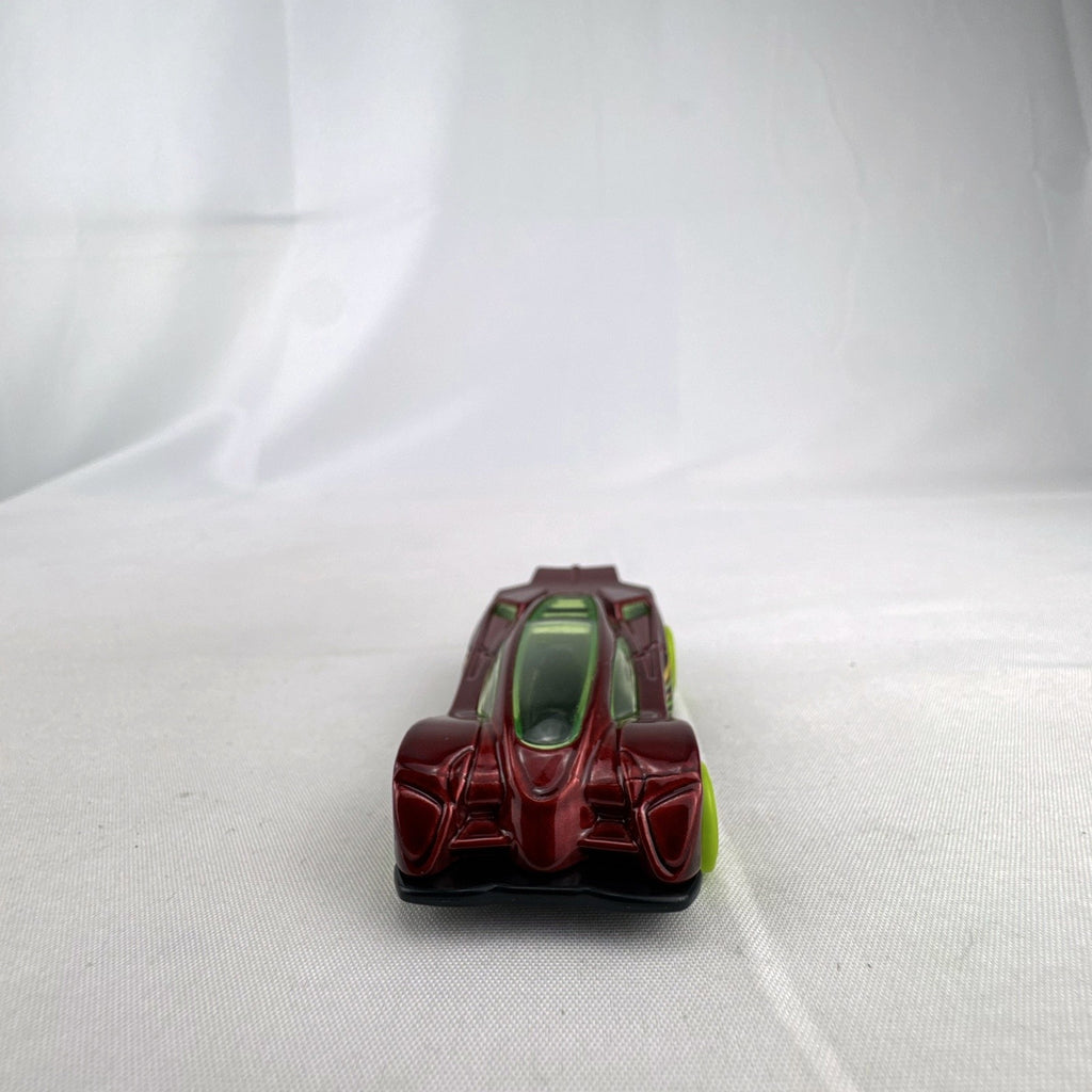 Hot Wheels Side Draft 1:64 scale diecast car in metallic red with lime green wheels