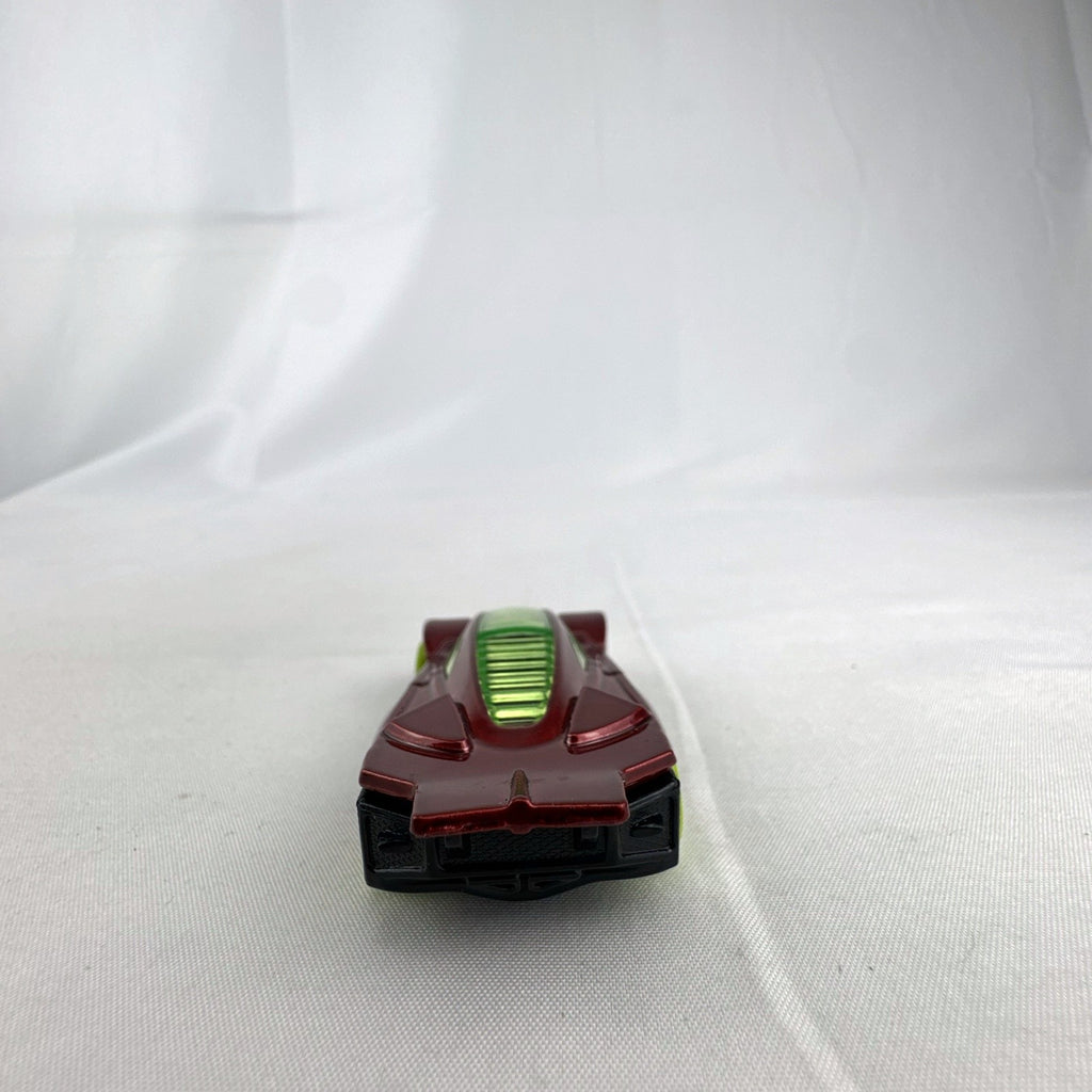 Hot Wheels Side Draft 1:64 scale diecast car in metallic red with lime green wheels