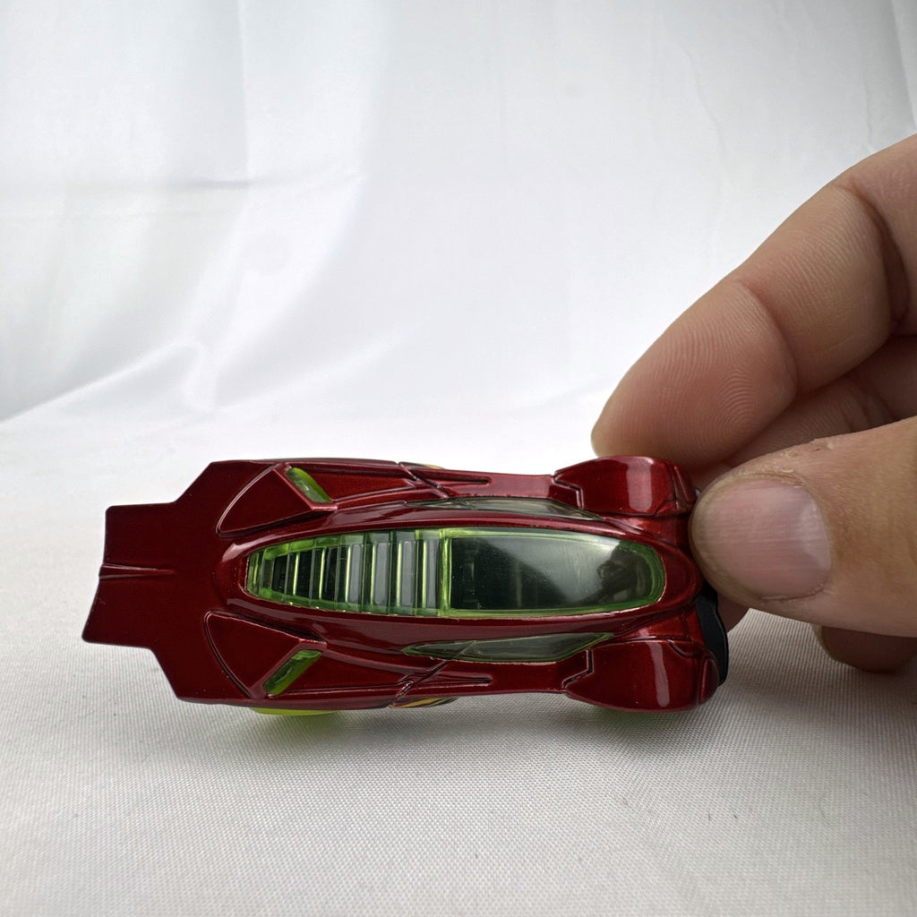 Hot Wheels Side Draft 1:64 scale diecast car in metallic red with lime green wheels